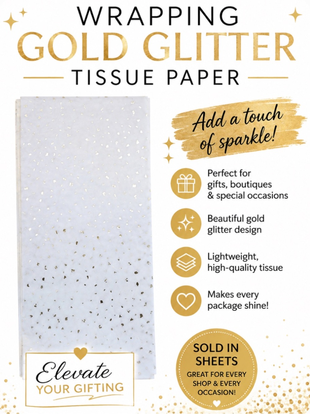 New Gold Glitter Wrapping Tissue Paper -